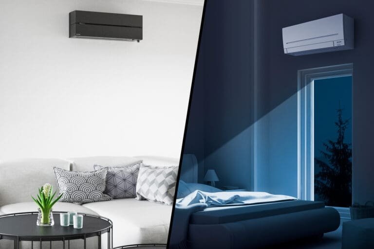 Halve bildet viser en lys stue med en svart varmepumpe og den andre halvparten en mørk stue med en hvis varmepumpe